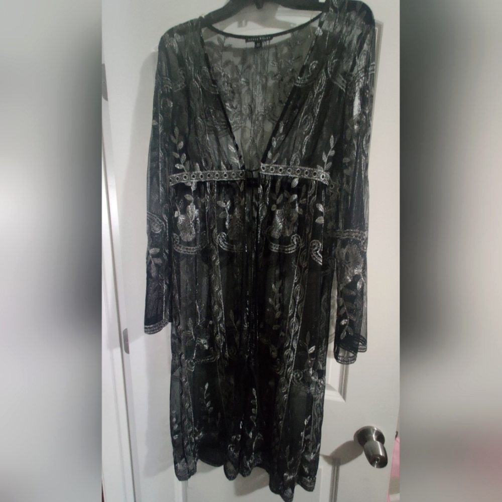Haute Monde Black Sheer Embroidered Kimono, Size M